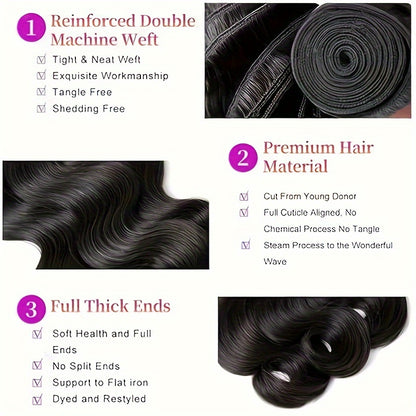 3 Bundles Brazilian Virgin Human Hair Extensions - Dark Brown/Black Body Wave Weave, Natural Look & Fullness, Remy Hair Wefts for Women, Voluminous Waves, Everyday & Special Events, Brazilian Hair Bundles, Event Hairpiece, Bo