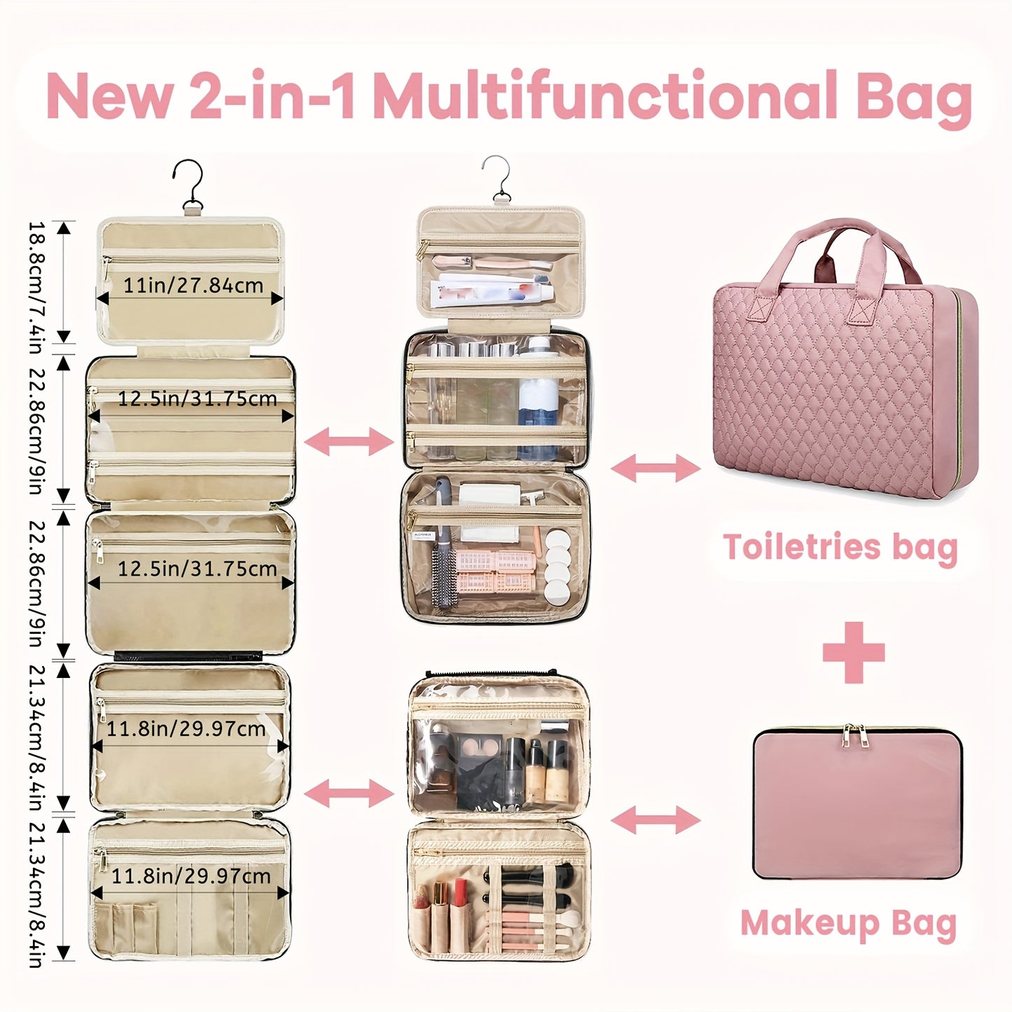 [2pcs Bag] 2-in-1large-capacity Removable Cosmetic Bag, Summer Travel Multi-compartment Hanging Toiletry Bag, With Brush Storage, Universal Portable Beauty Essentials Large Makeup Bag-hanging Toiletry Travel Bag, Suitable For