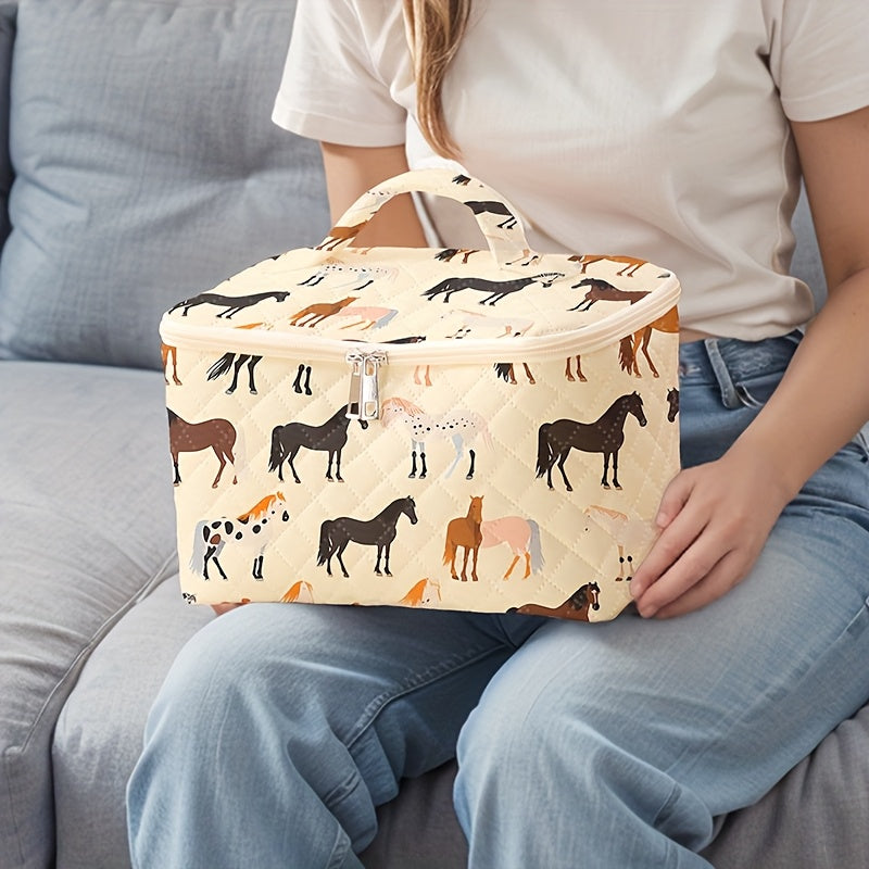 Horse Pattern Cosmetic Case Travel Organizer for Makeup, Brushes & Accessories - Durable Polyester Fabric, Spacious Non- Storage Bag with Multiple Compartments, Portable Design with Zip Closure - Cute and Stylish Essential fo