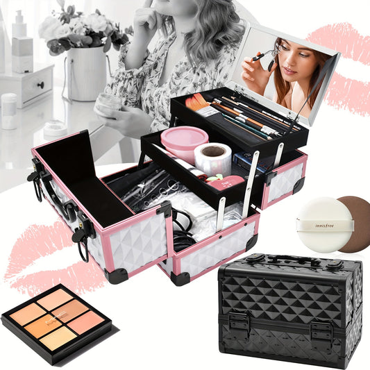 1pcs Aluminum Alloy Train Case Professional Portable Makeup Box with Handle, Unisex-adult Metal Cosmetic Organizer with Lock, Non-Waterproof Large Storage Travel Case for Makeup Artist, Beauty Accessories, Unscented - Pink Wh