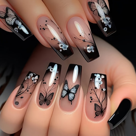 Show Your Beauty 24pcs Medium Ballet Nails Classic Retro Black Gradient Trees Flowers Butterflies Glossy French False Nails Fashionable and Versatile Wearable Nails Suitable for Women and Girls Daily Wear Removable Press-on N
