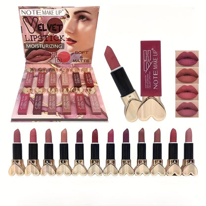 12-Piece Velvet Lipstick Gift Set - All-Day Wear, Hydrating Formula, Velvety Smooth Finish, Adorable Heart-Shaped Design - Ideal Present for Her, Celebrate Any Occasion, Luxurious Beauty Gift
