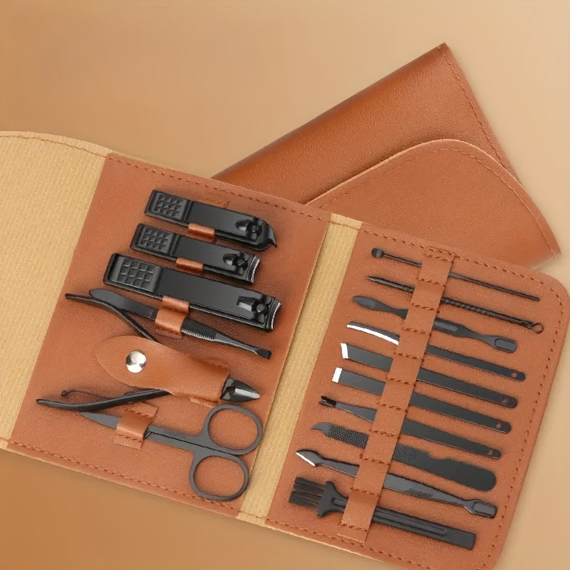 16pcs Stainless Steel Manicure and Pedicure Kit - Professional Nail Care Set with Straight Edge Nail Clippers, Nail File, Ear Pick, Scissors - Unscented, Modern Style, Includes Storage Case for Travel and Beauty Treatments