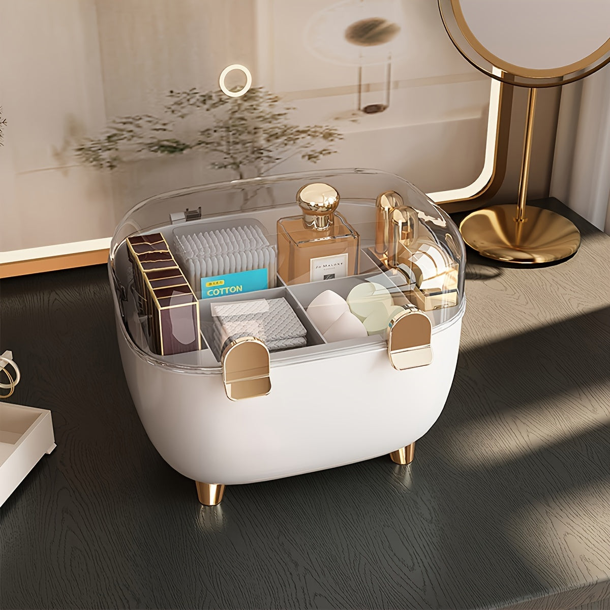 1pc Cosmetic Organizer with Transparent Lid - Makeup Vanity Storage Box, Lipstick, Perfume, Nail Polish, Brushes - Compact Bathroom & Desk Organizer with Open Compartments - Durable Plastic Construction - Space-Saving Vanity