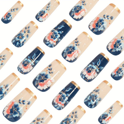 Enhance your beauty with 24pcs medium-length elegant blue gradient floral line dot Golden edge French glossy white fake nails, a versatile press-on nail set suitable for women and s' daily wear in spring and summer. Includes
