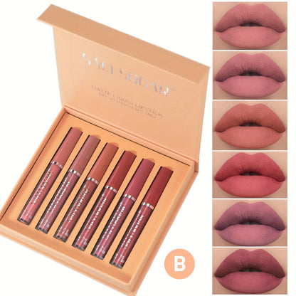 SAM SUGAR Matte Liquid Lipstick Set - Waterproof, Non-Stick Cup Long Lasting Lip Gloss Collection, 6 Shades of Orange, Pink, Red & Skin Tones - Perfect Gift for Mother's Day, Valentine's Day, Women's Beauty Essentials