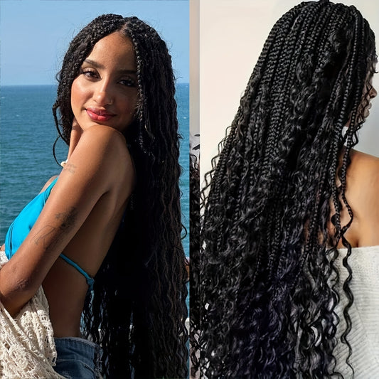 Brisky Beauty Women's Bohemian Knotless Braided Full Lace Wig, Long Goddess Braided Wig, Curly Synthetic Braid, With Baby Hair, Synthetic Bohemian Braided Wig