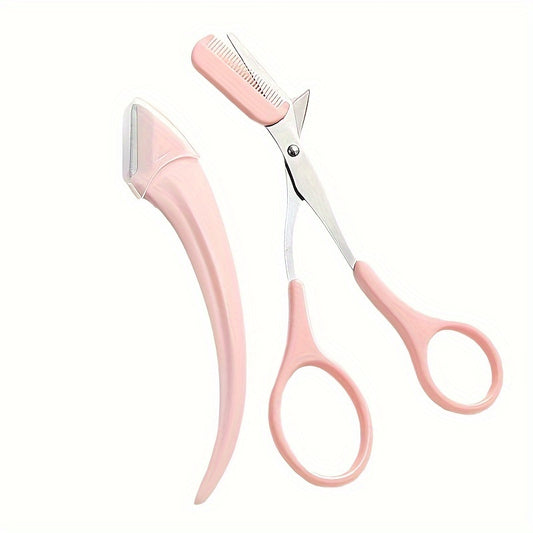 2-piece Eyebrow Trimmer Set, Curved Eyebrow Shaver And Scissors With Comb, Non Slip Stainless Steel Facial Hair Removal Tool, Professional Eyebrow Shaped Beard Shaving Set, Men's And Women's Beauty Accessories