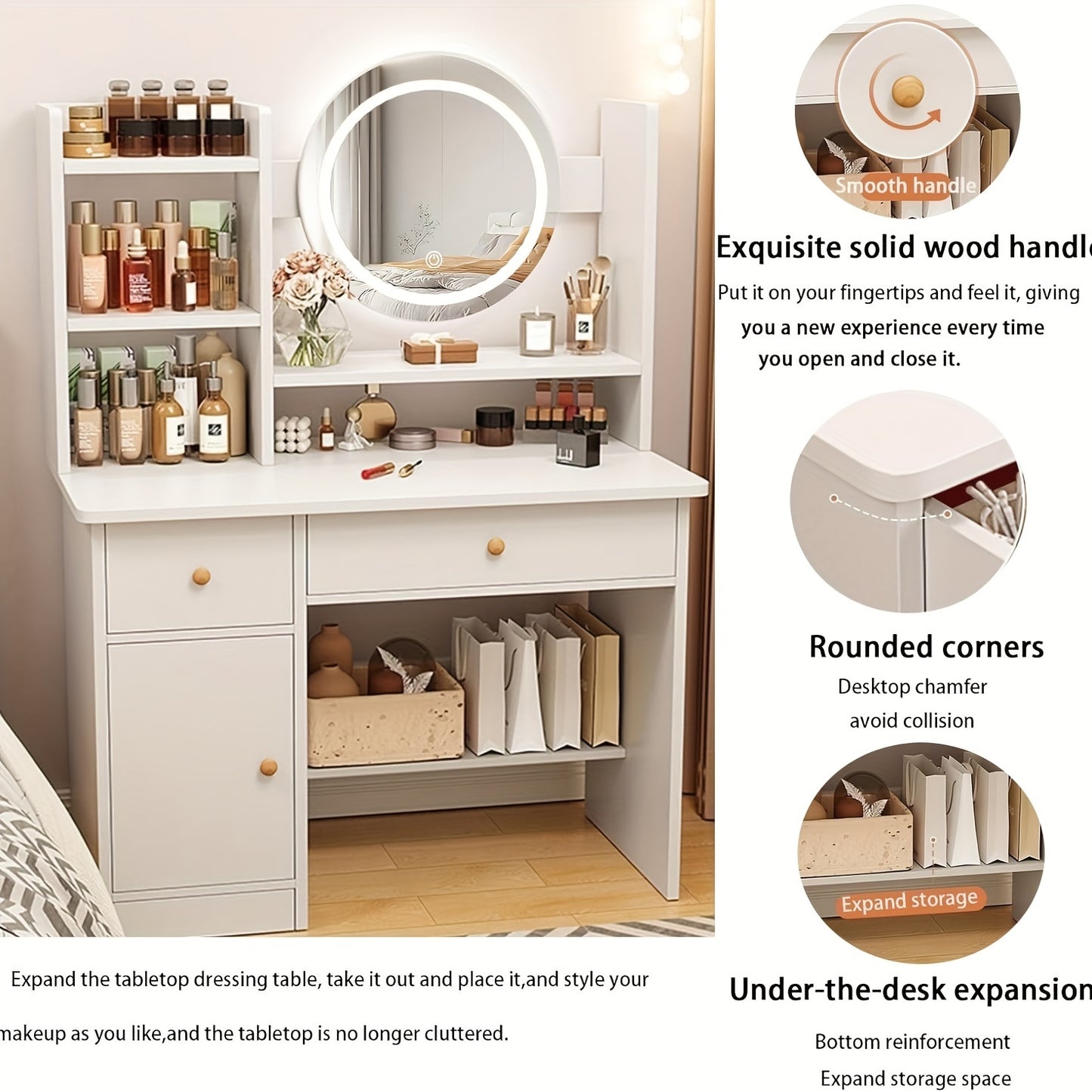 Radiant Glamour Vanity Desk - LED Mirror with Touch Screen Lighting, 3 Customizable Modes, Adjustable Brightness, Complete with Drawers & Storage Shelves for Effortless Beauty Routine, Perfect Bedroom Dressing Table