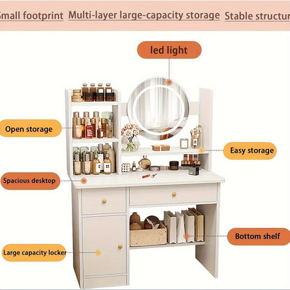 Radiant Glamour Vanity Desk - LED Mirror with Touch Screen Lighting, 3 Customizable Modes, Adjustable Brightness, Complete with Drawers & Storage Shelves for Effortless Beauty Routine, Perfect Bedroom Dressing Table