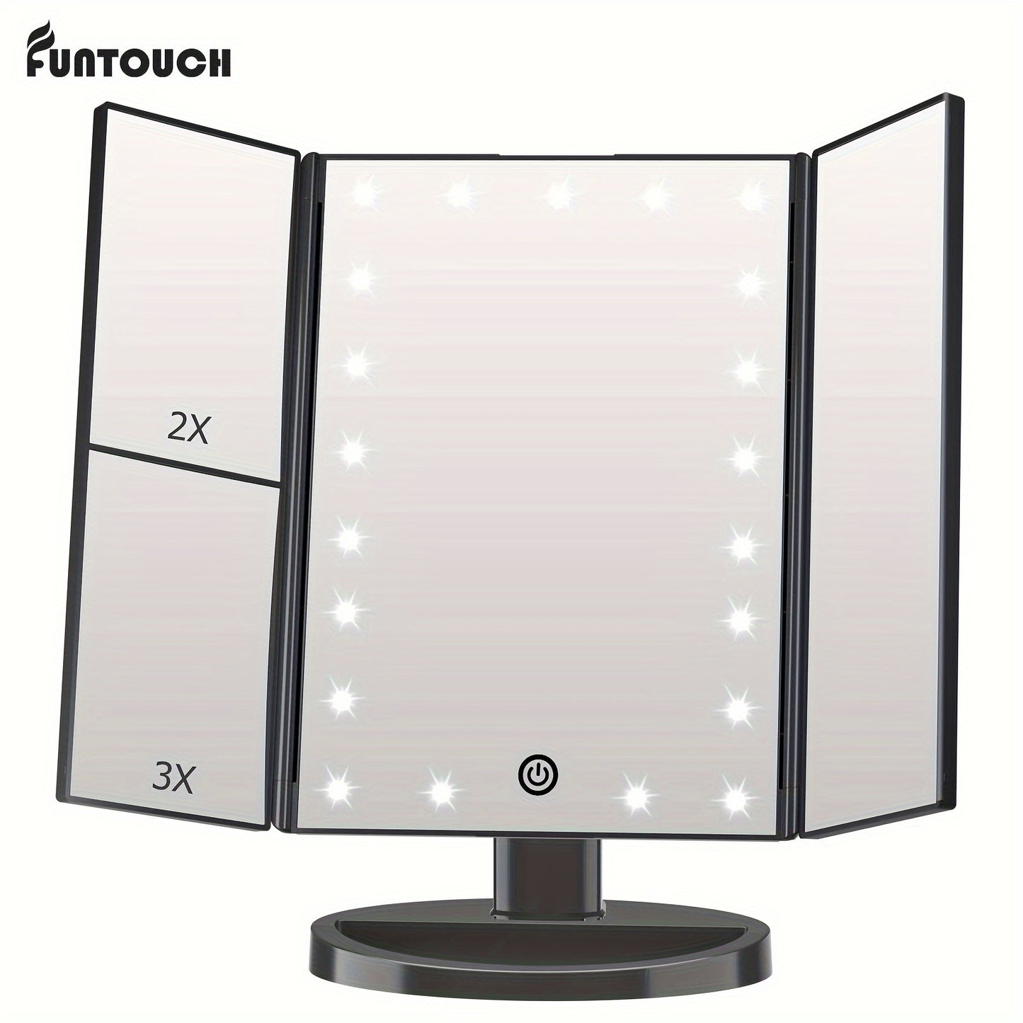 21 LED 2X/3X Magnification Trifold Vanity Makeup Mirror with Touch Dimming - 180° Rotation, Dual Power, Battery Powered, Wireless-Free - FUNTOUCH Lighted Beauty Table Mirror
