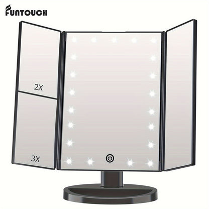 21 LED 2X/3X Magnification Trifold Vanity Makeup Mirror with Touch Dimming - 180° Rotation, Dual Power, Battery Powered, Wireless-Free - FUNTOUCH Lighted Beauty Table Mirror