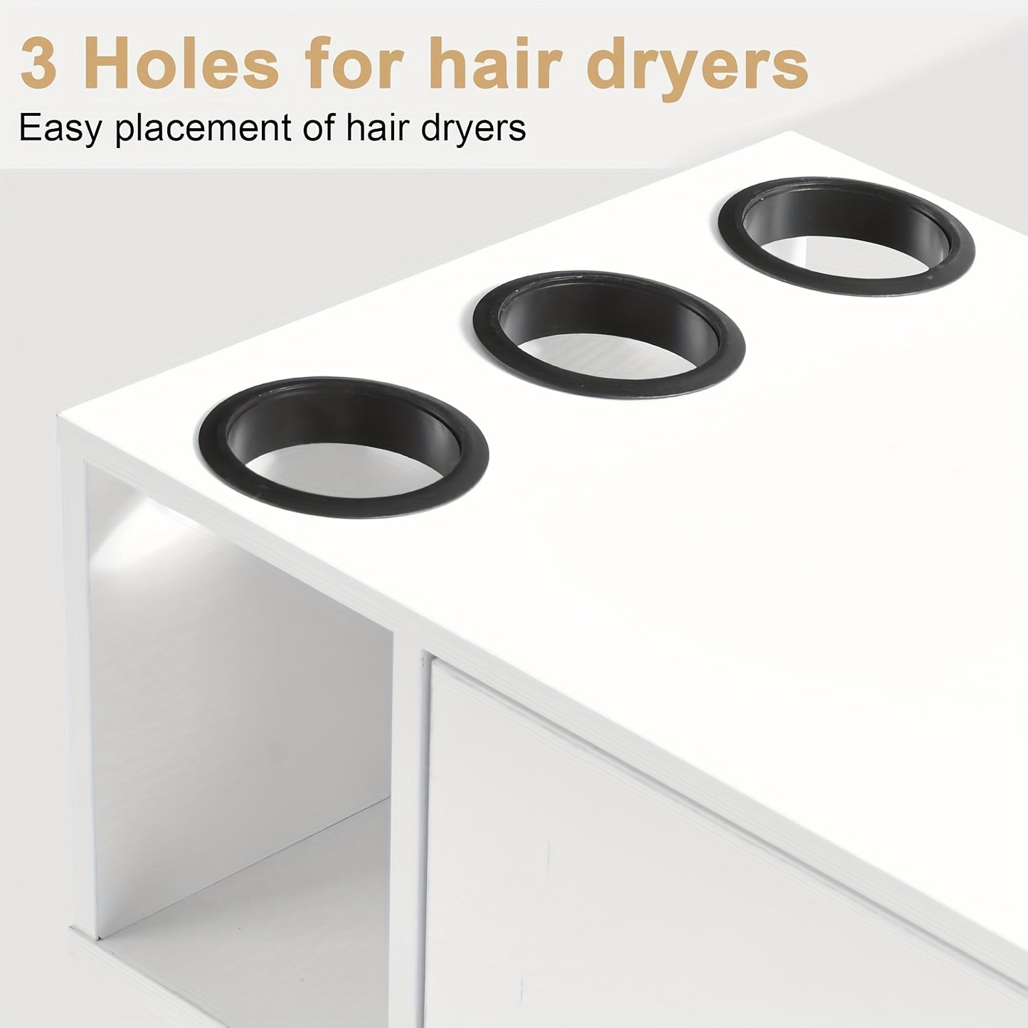 Modern White Wall-Mounted Salon Station for Hair Stylists with 3 Hair Dryer Holes, Open Drawer & Display Shelves – Contemporary Wooden Design for Home or Professional Beauty Salons, Hair Stylist Supplies