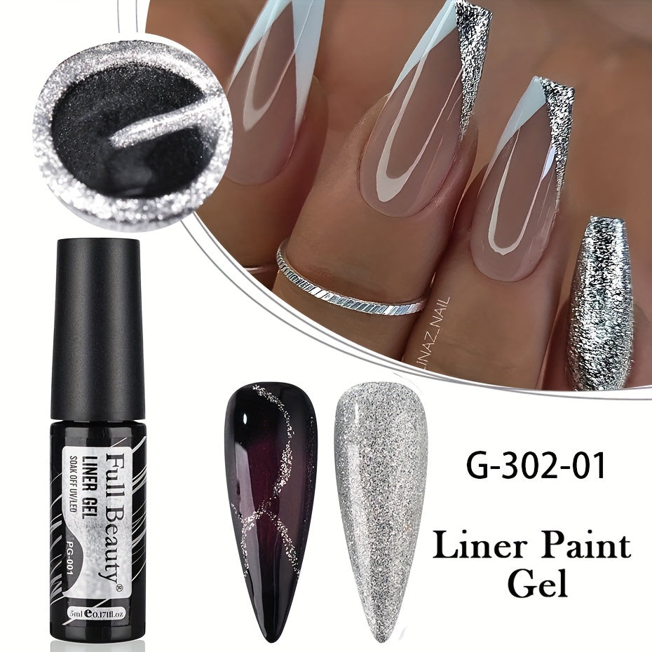 Full Beauty Sparkling Glitter Gel Nail Polish - Champagne Golden & Silvery, Waterproof, Odorless, UV-Cured Semi-Permanent Liner for French Manicures