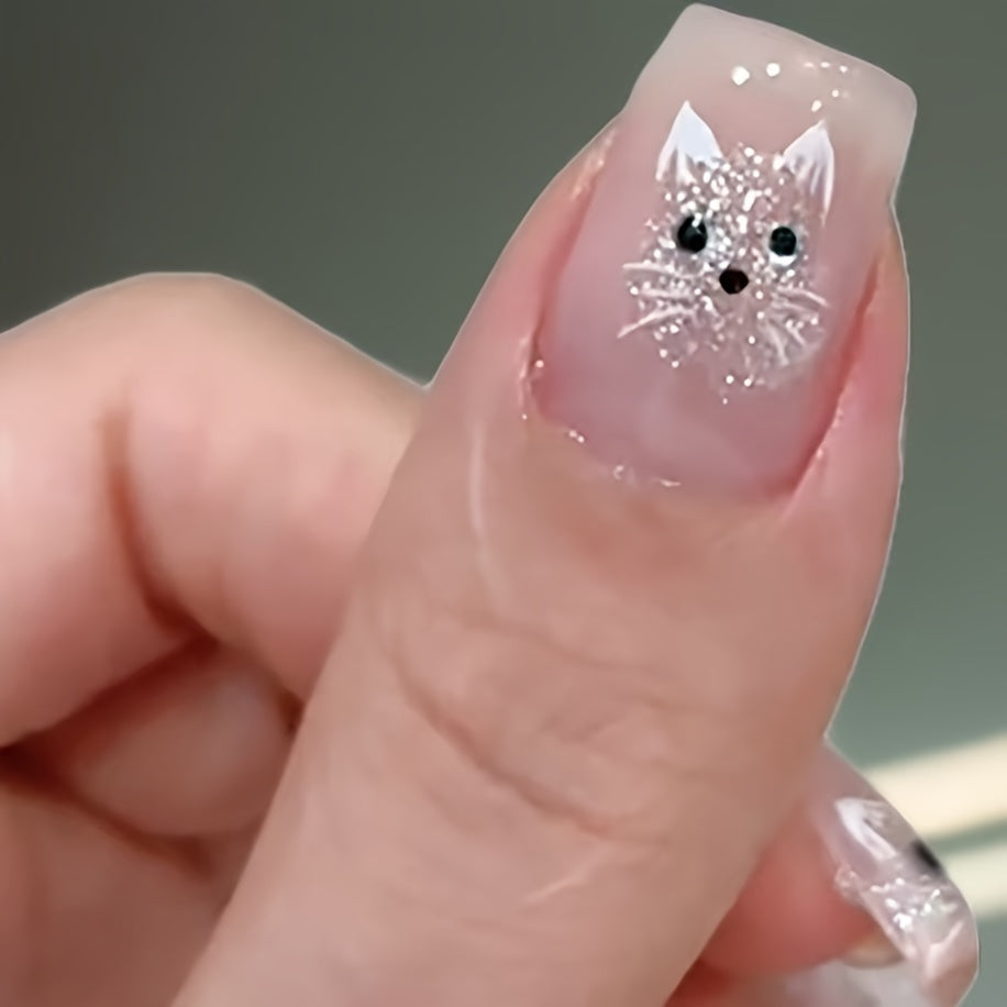 30pcs Glossy Cat Eye Press-On Nails - Cute Cat Face Design with Sparkling Accents, Short Ballet Shape Fake Nails for Hands & Feet, Pink Glossy Reusable Nail Art Stickers, Quick Beauty Fix